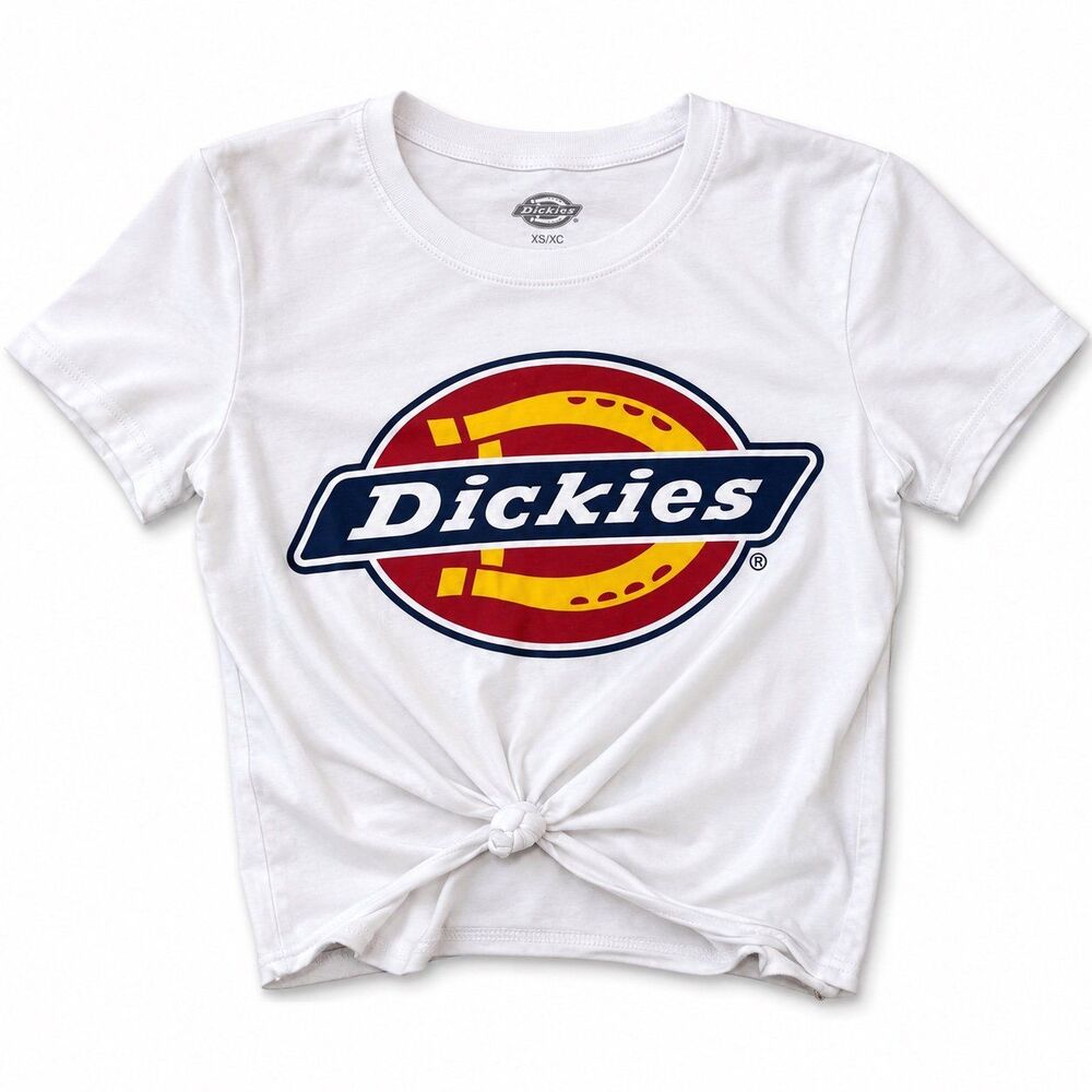 Dickies Logo Graphic Tee Shirt Women’s XS White Knot Front Casual Workwear